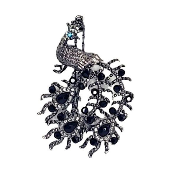 Rhinestone Peacock Pendant Necklace Hematite Tone - Picture 6 of 6